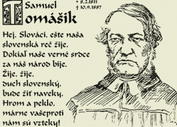 Samuel Tomášik a časť jeho básne neskôr legendárnej hymnickej piesne Hej, Slováci! (foto: facebook.Topoľčany)