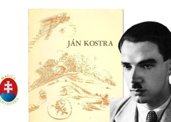 Na snímke je Ján Kostra a za ním publikácia z produkcie Matice slovenskej (1981)