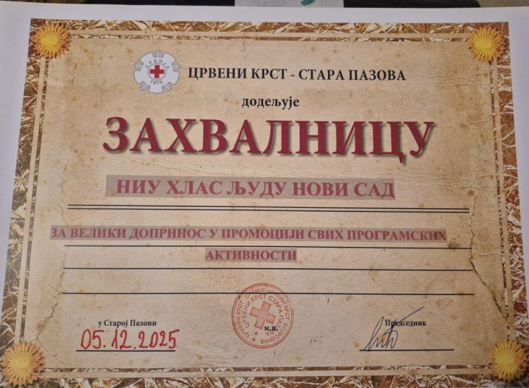 Ďakovná listina aj NVU Hlas ľudu za veľký príspevok v prezentácii všetkých programových aktivít