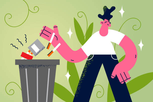 Stop smoking and healthy lifestyle concept. Young smiling man cartoon character standing and putting cigarettes and block to trash bin vector illustration