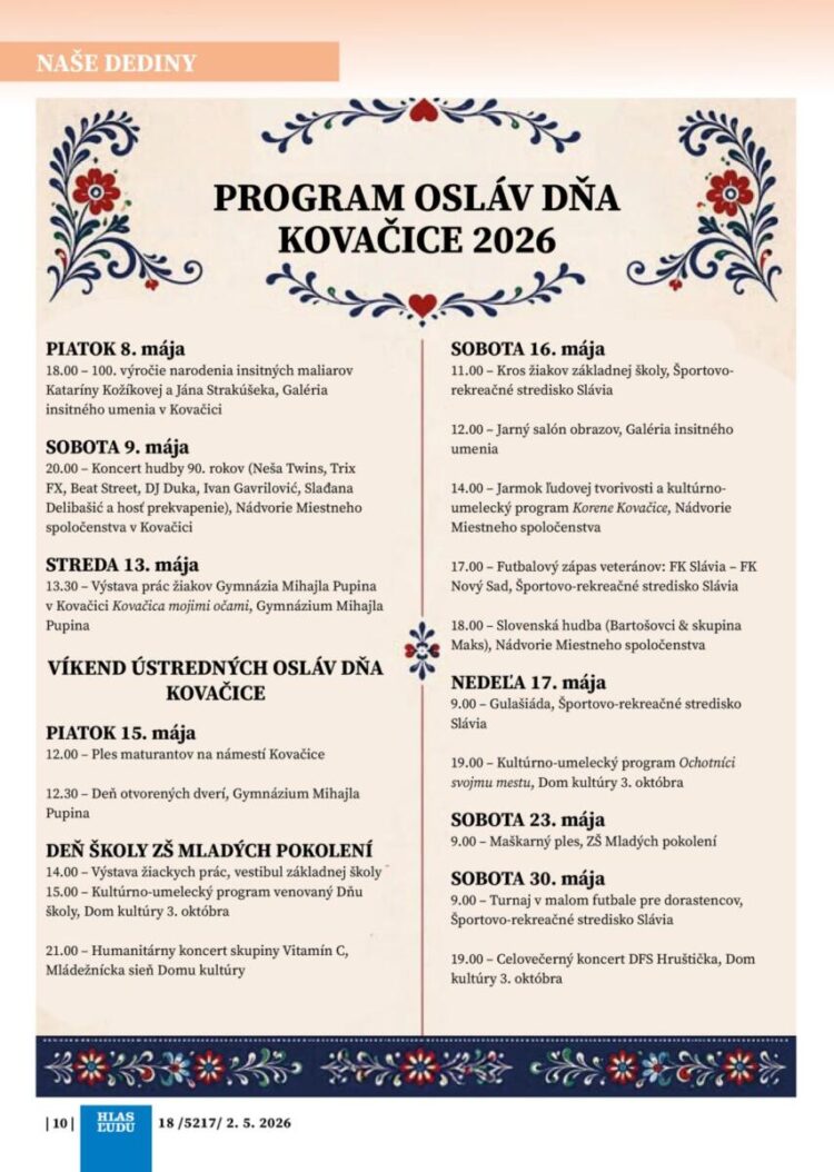 Program májových osláv v Kovačici